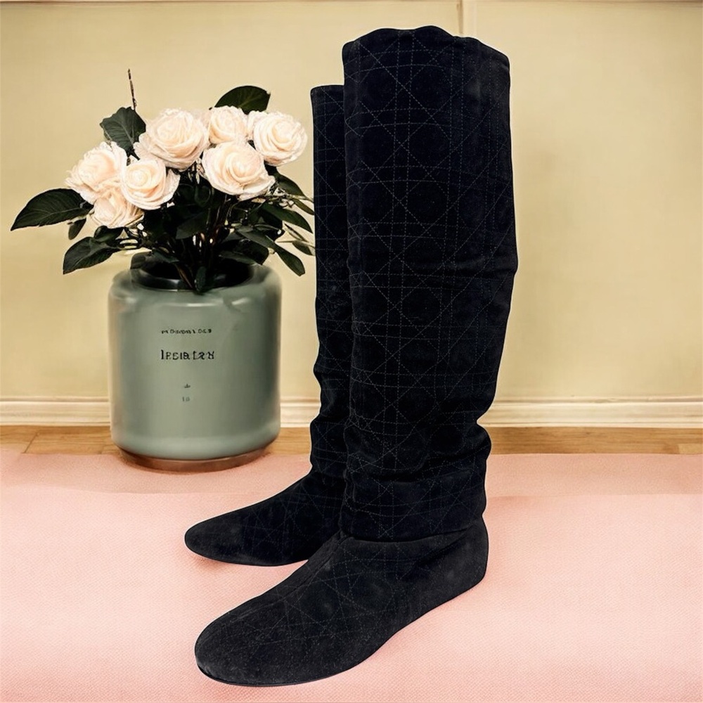 Christian Dior Cannage D Charm Suede Leather Long Boots – Size 39